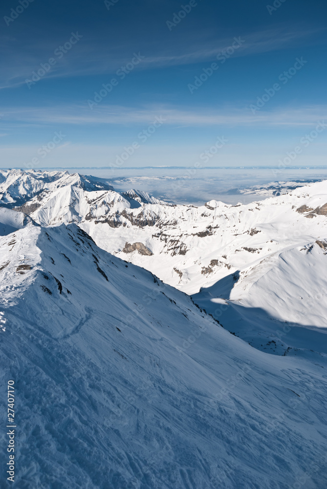 Ski slope in Chamonix. Skiing area in French Alps