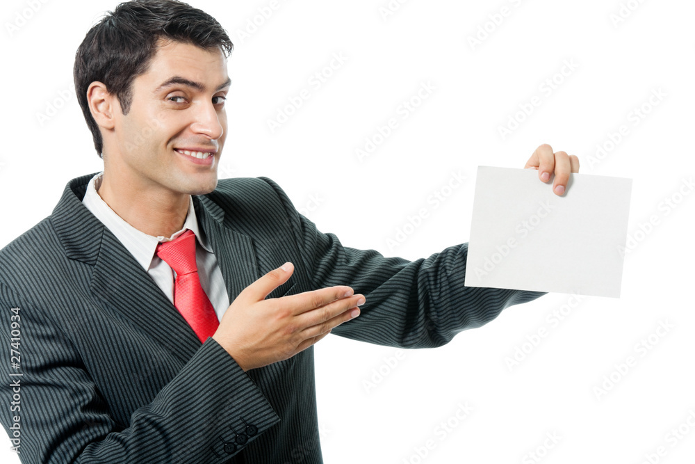 Happy businessman showing blank signboard, isolated Happy businessman showing blank signboard, isolated