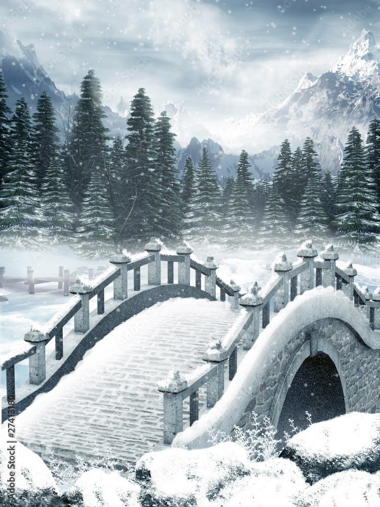 Sceneria zimowa z mostem - obrazy, fototapety, plakaty 