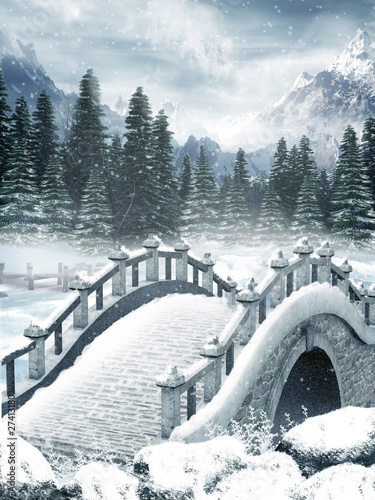 Sceneria zimowa z mostem