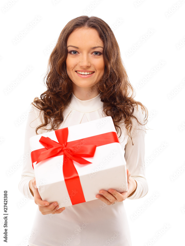 picture of cheerful santa helper girl with gift box picture of cheerful santa helper girl with gift box