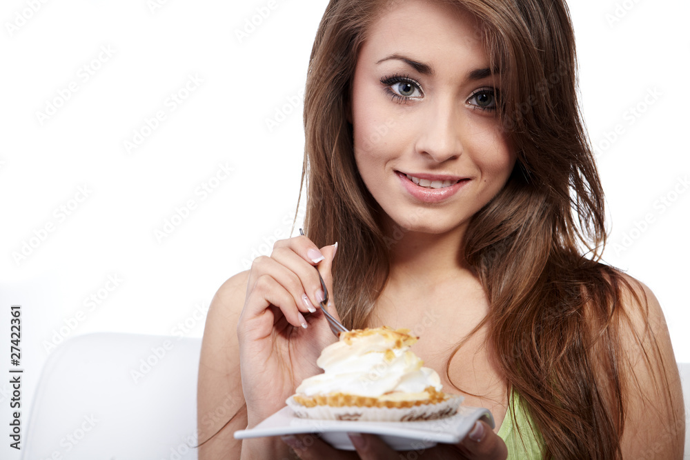 Young happy woman with cake at home Young happy woman with cake at home
