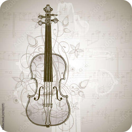 violin, music sheets & vintage floral ornament