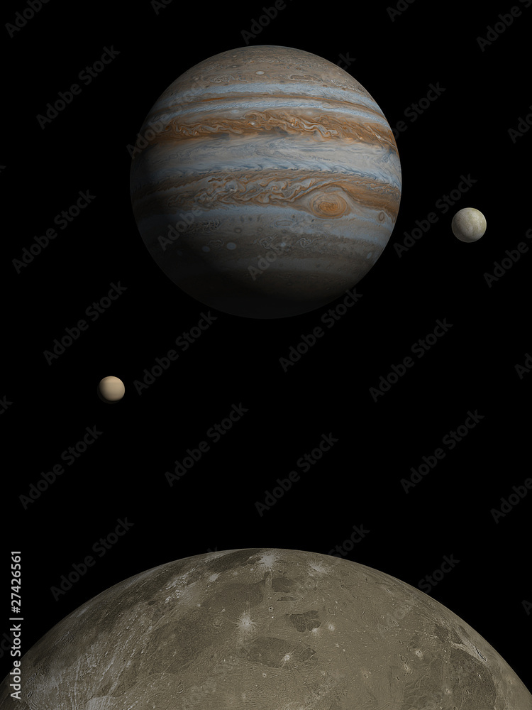 Naklejka premium Jupiter rising over Ganymede with Io and Europa