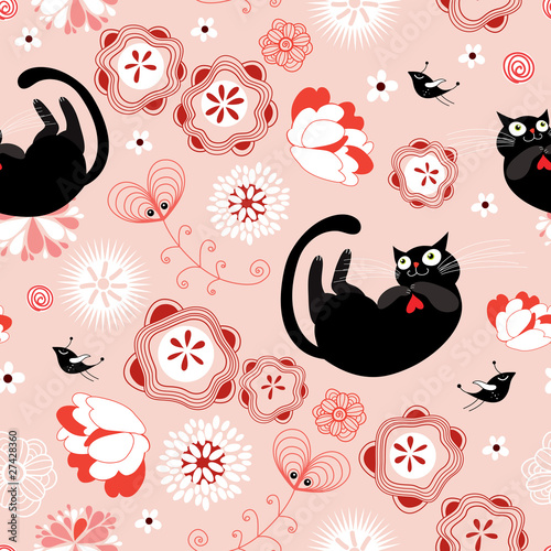 Seamless pattern of the cats and flowers