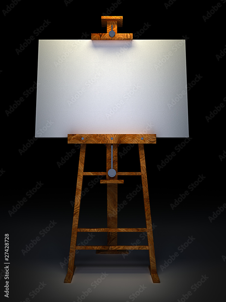 Fototapeta premium Wooden easel with blank canvas isolated on black
