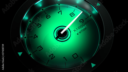Tachometer green isolated on black 3D render