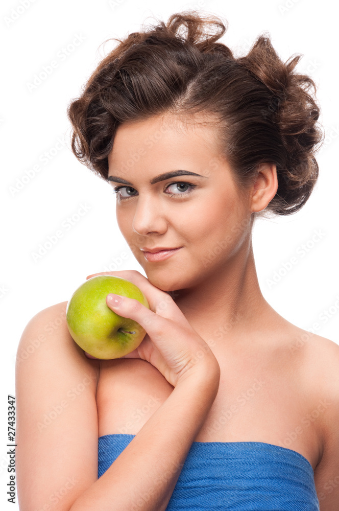Closeup portrait of beauty woman with green apple Closeup portrait of beauty woman with green apple
