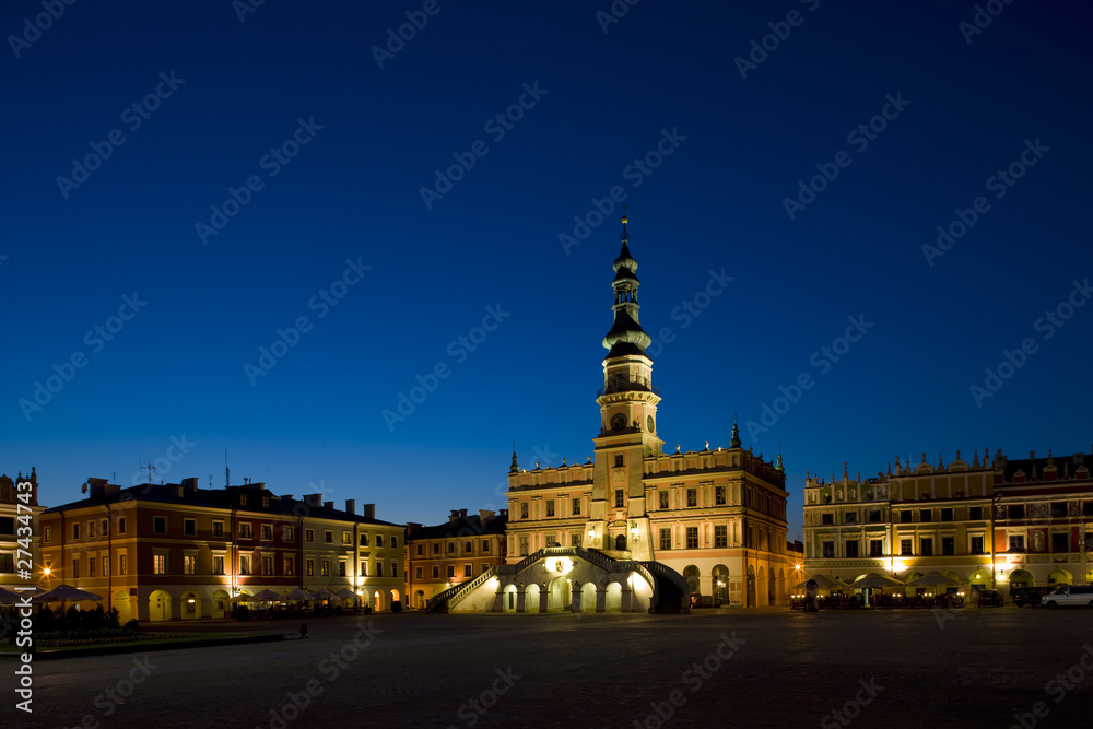 Town Hall at night, Main Square (Rynek Wielki), Zamosc, Poland