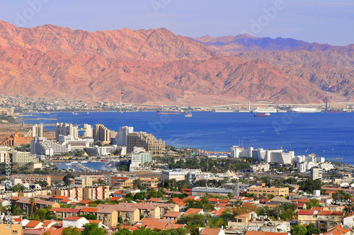 View to Eilat city, famous international resort - the southernmost city of Israel.  photo