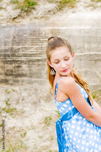 Fashion girl urbex location blue polka dress