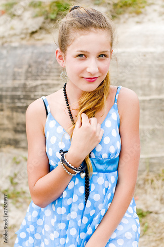 Fashion girl urbex location blue polka dress
