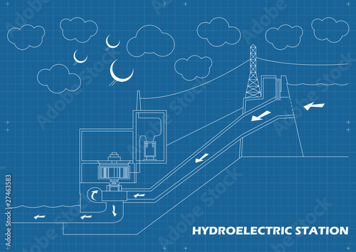 Hydro power station vector blueprint background