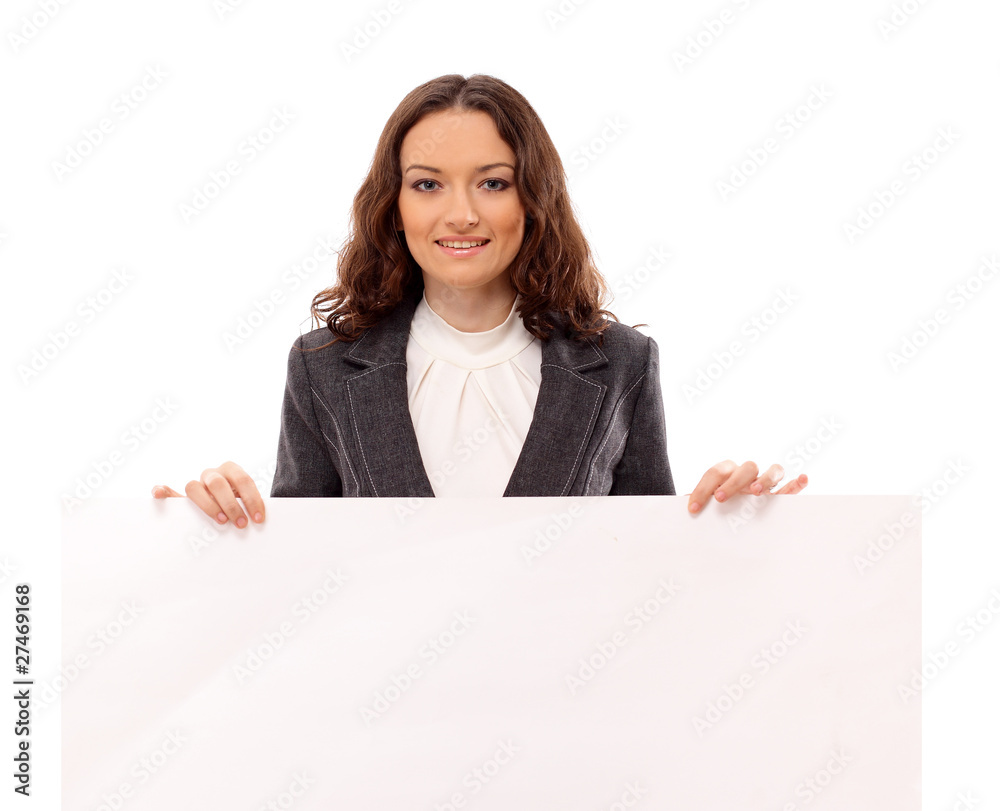 Cute Indian woman presents with a blank white board Cute Indian woman presents with a blank white board