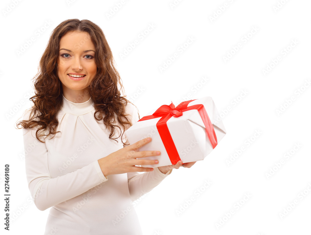picture of cheerful santa helper girl with gift box picture of cheerful santa helper girl with gift box
