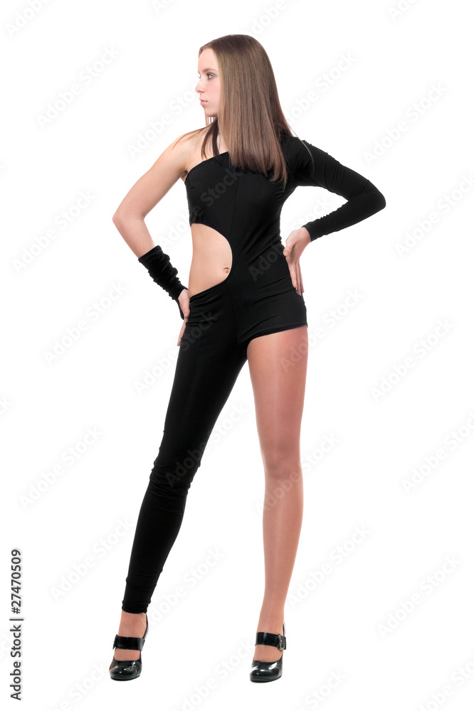 Pretty young woman in skintight black costume Pretty young woman in skintight black costume