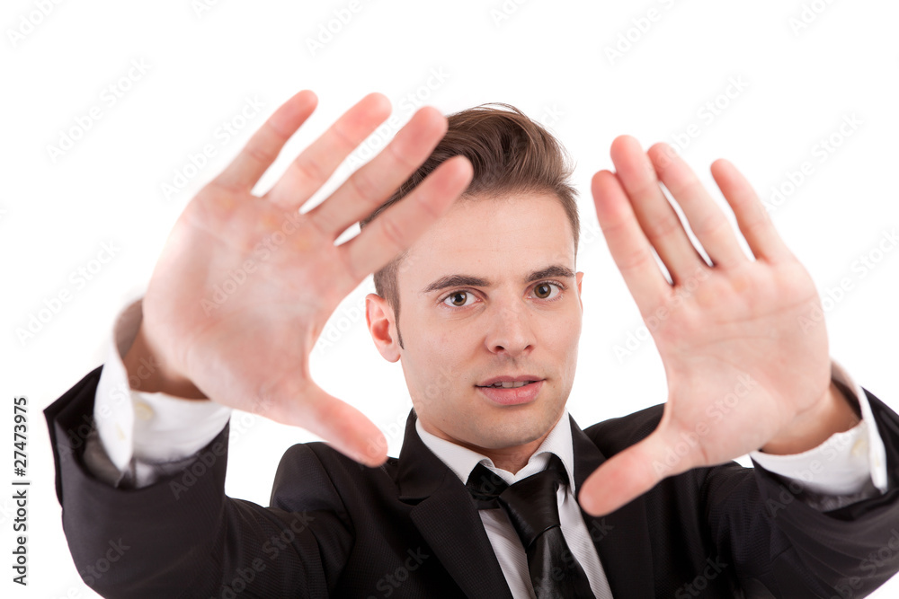 Business man showing framing hand gesture Business man showing framing hand gesture