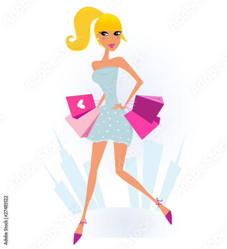 Woman Shopping in the City and Town silhouette, VECTOR