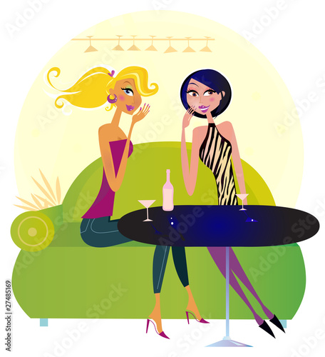 Two women in a trendy night club sharing gossip.  VECTOR