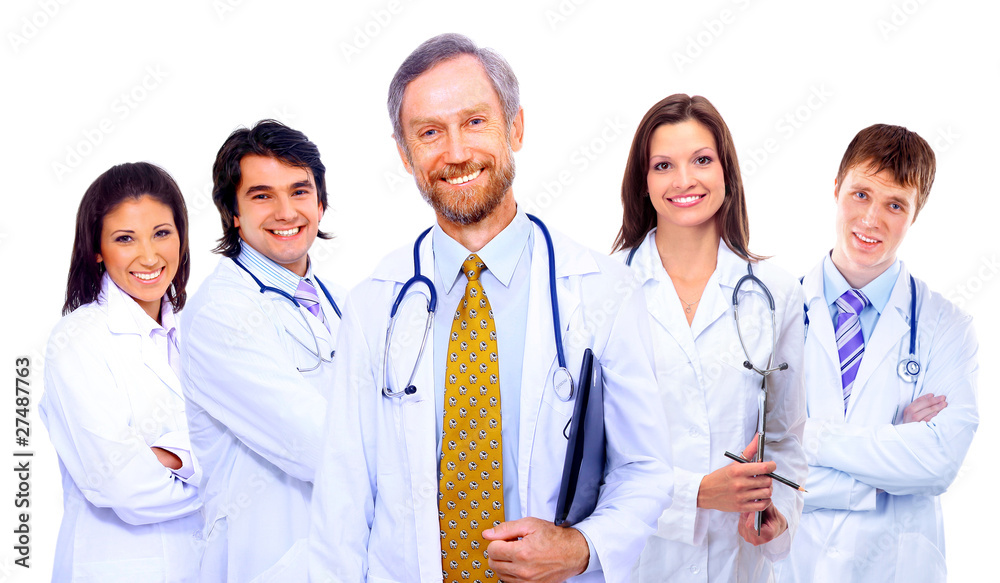 Portrait of group of smiling hospital colleagues standing