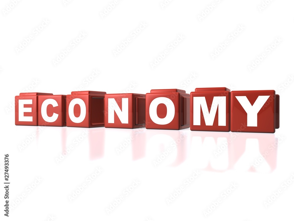 Red building blocks spelling out ECONOMY