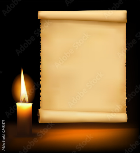 Background with old paper and a candle. Vector .