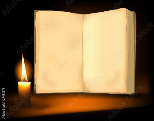 Background with old book, candle and a candle. Vector.
