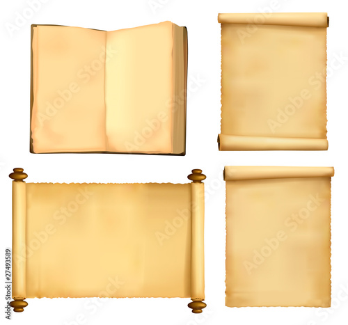 Set of old paper sheets and book. Vector.