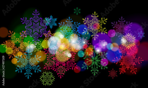set of snowflakes on black background & color lights