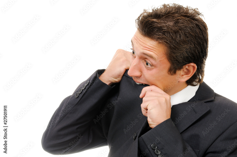 young businessman is afraid. Isolated on white young businessman is afraid. Isolated on white