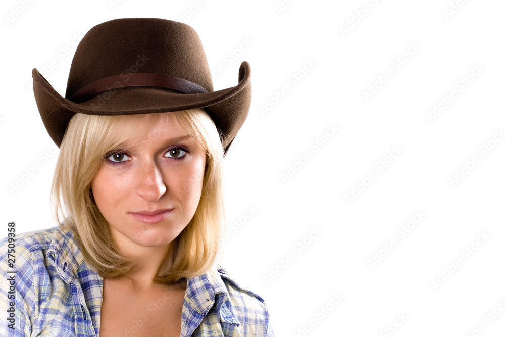 pretty western woman in cowboy shirt and hat