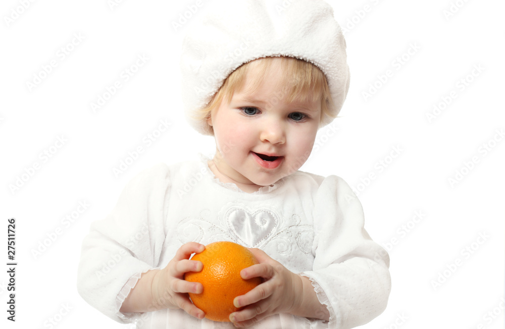 Smiling baby with orange isolated on white Smiling baby with orange isolated on white