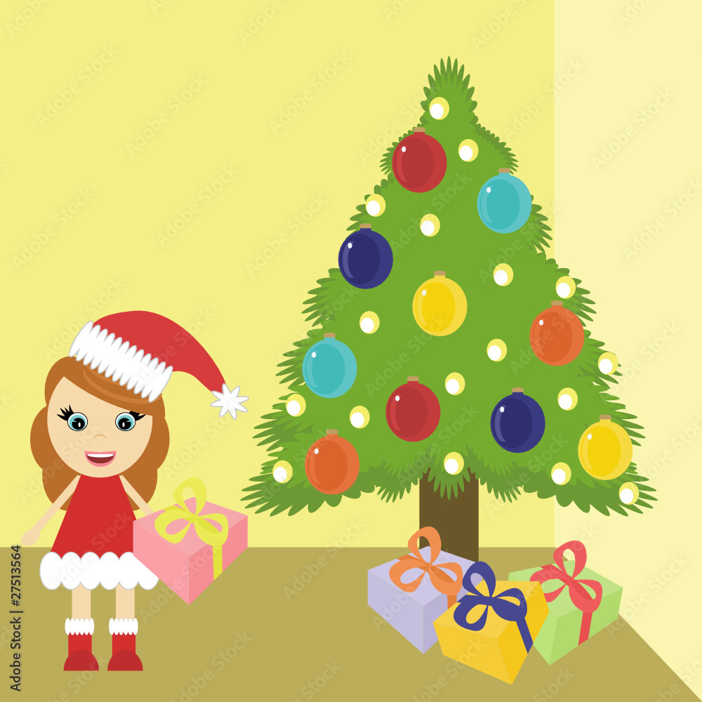 girl in christmas dress near tree