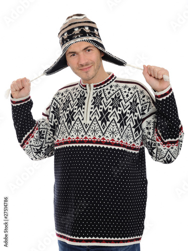 expressions. Funny winter men in warm hat and clothes. isolated photo