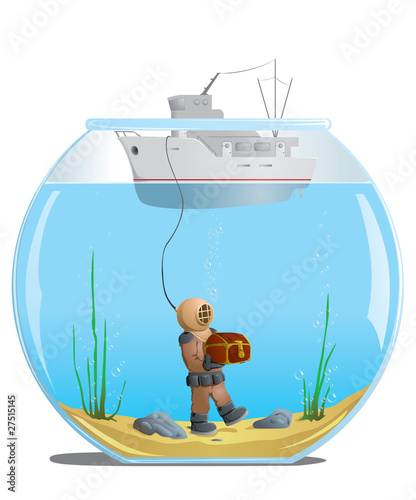 diver in the aquarium with a treasure