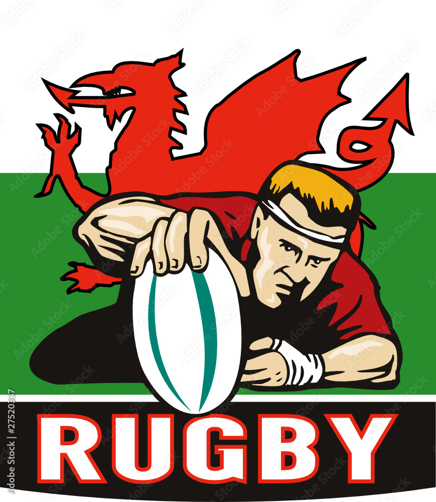 welsh rugby player scoring try with wales dragon flag Stock Vector