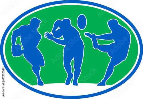 rugby player running passing kicking ball