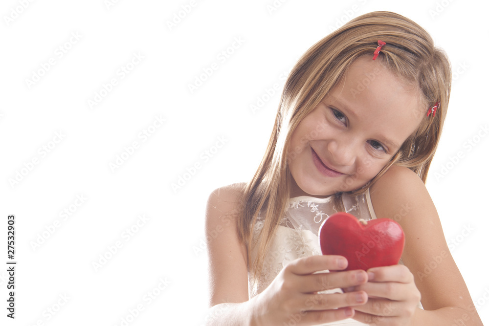 girl with red heart on a white background girl with red heart on a white background