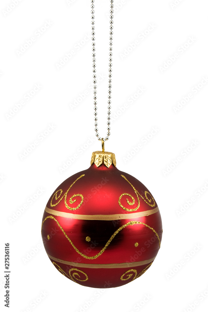 red hung christmas bauble isolated on white background red hung christmas bauble isolated on white background