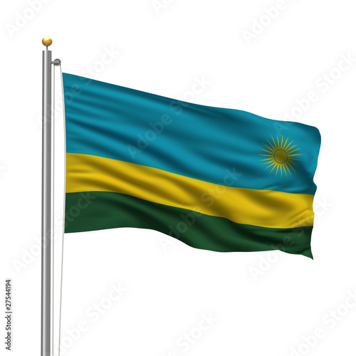 Flag of Rwanda waving in the wind in front of white background