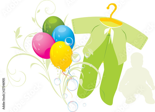 Colorful balloons and green suit for a baby. Vector