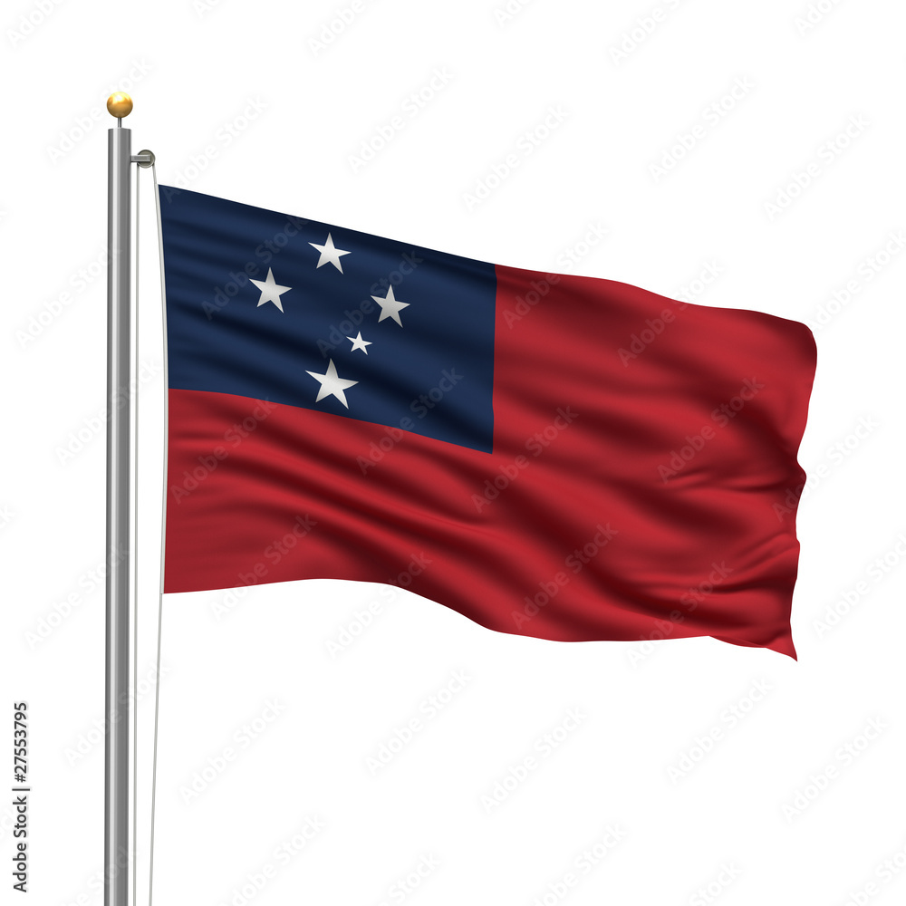Flag of Western Samoa waving in the wind in front of white Flag of Western Samoa waving in the wind in front of white