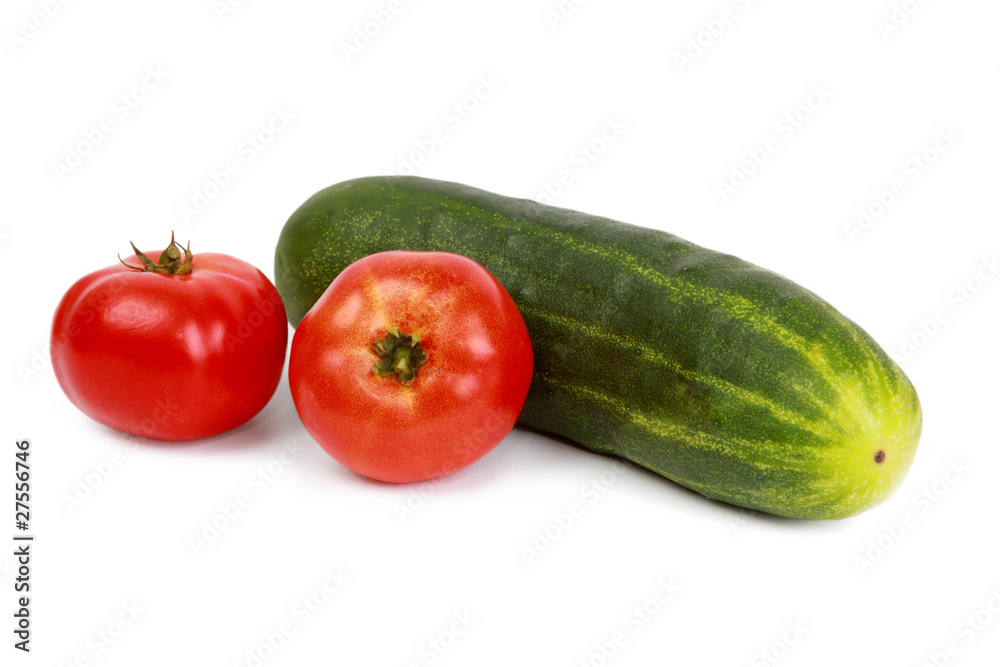 fresh tomatoes and cucumber on the white background