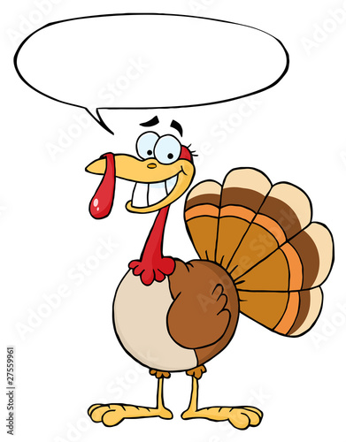 Turkey Mascot Cartoon Character With Speech Bubble