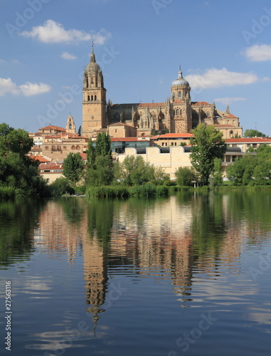 Old cathedral reflected in water of Tormes river, Salamanca