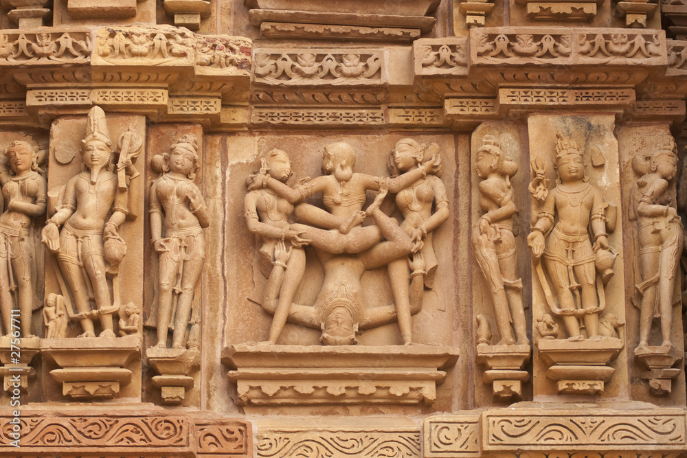 Erotic sculptures 0n Hindu Temple at Khajuraho, India.
