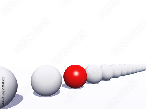 Conceptual crowd of spheres with one red glass sphere