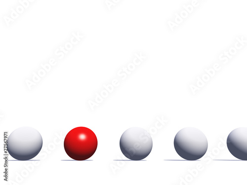 Conceptual crowd of spheres with one red glass sphere