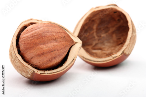 Hazelnut in cracked nutshell photo