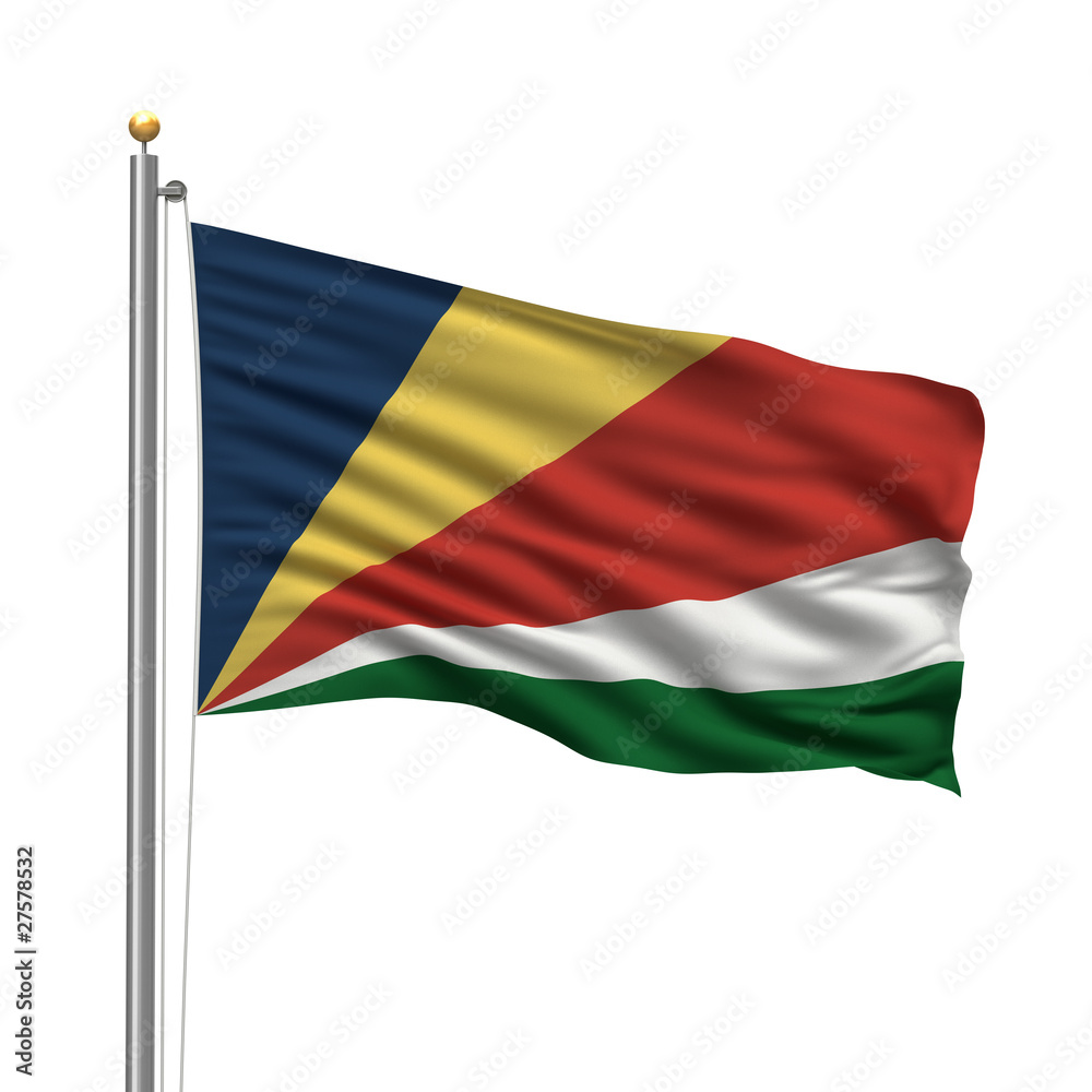Flag of Seychelles waving in the wind in front of white
